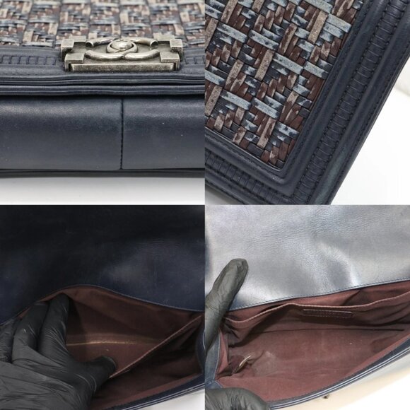 Chanel Medium Woven Boy Flap Bag Blue Dark Calf Leather Crossbody - Picture 13 of 14